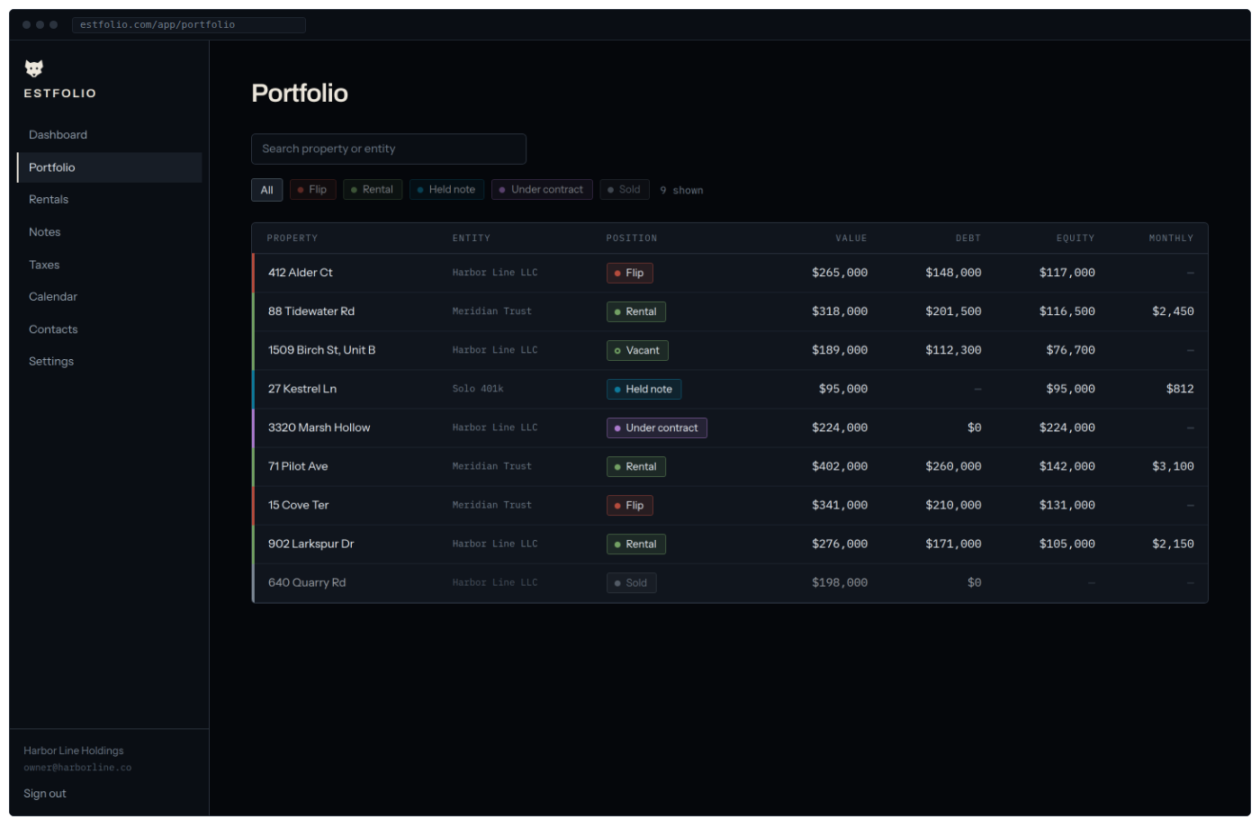 Portfolio screen showing property positions